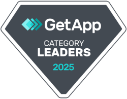 GetApp Category Leaders 2025 badge for Help Desk, highlighting SysAid’s ITSM excellence on a dark gray diamond background. - SysAid