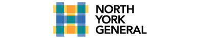 Logo of north york general hospital featuring a multicolored grid design next to the name in blue text.
