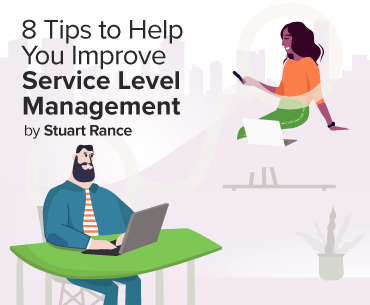 Illustration of a man at a desk with a laptop and a woman using a phone. Tips on enhancing Service Level Management in ITSM featured. - SysAid