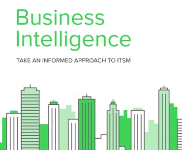City skyline with "Business Intelligence White Paper: Informed Approach to ITSM" in green, highlighting SysAid's ITSM solutions. - SysAid