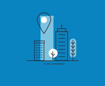 Illustration of office buildings with a location pin, symbolizing SysAid's ITSM solutions improving Service Desk efficiency. - SysAid