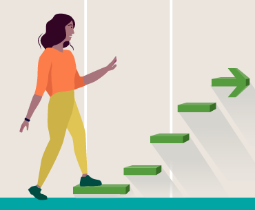 Illustration of a person ascending green stairs symbolizing growth in ITSM efficiency with SysAid's comprehensive solutions. - SysAid