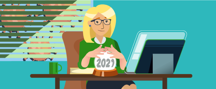 ITSM professional at desk with 2021 crystal ball, monitor, and coffee mug, illustrating SysAid's future-focused service management. - SysAid