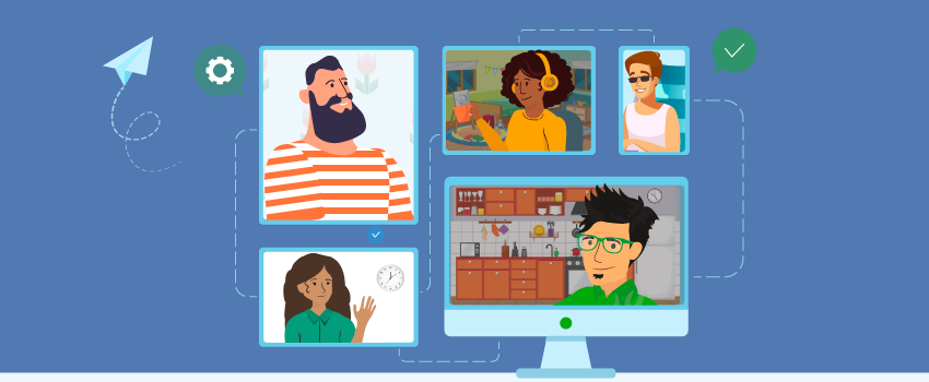 Illustration of cartoon characters in a video call, emphasizing ITSM's digital connection tools for remote work. Features a paper plane, gears, and checkmarks on a blue background. - SysAid