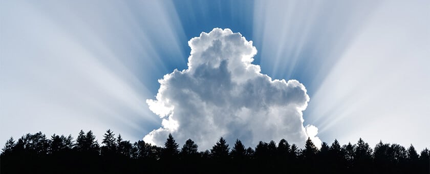 A radiant cloud over silhouetted trees symbolizes the illumination brought by SysAid's ITSM tools like Service Desk solutions. - SysAid