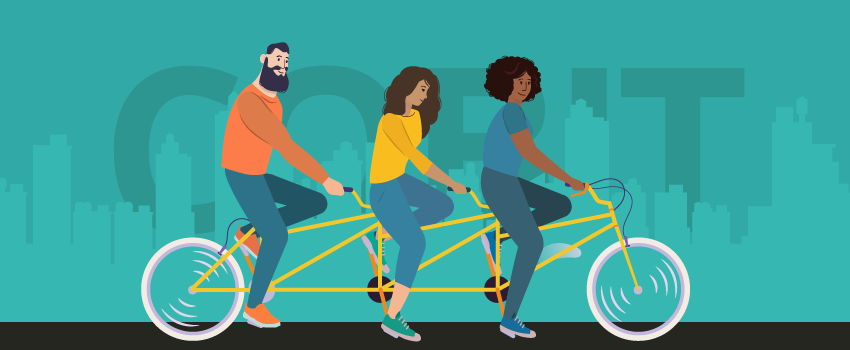Three people on a yellow tandem bike symbolize ITSM teamwork, echoing SysAid's seamless service management approach. - SysAid