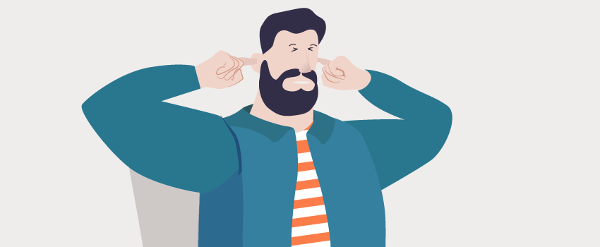 Illustration of a frustrated man covering ears; depicts need for an efficient ITSM ticketing system to manage noise in IT requests. - SysAid