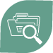 Icon of a magnifying glass over a file folder, indicating search or review, set against a solid teal background.