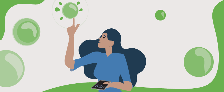 Woman interacts with Service Desk training module on HTML device, set against abstract white and green backdrop. - SysAid