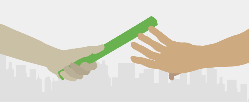 Two hands exchanging a green baton against a city skyline, symbolizing seamless ITSM handover with SysAid's Service Desk solutions. - SysAid