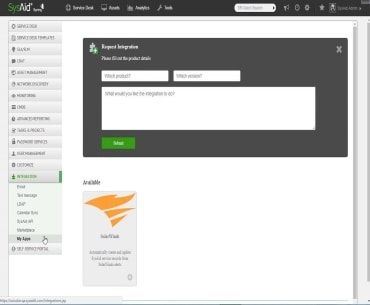 SysAid screenshot displaying an ITSM integration form with fields for product selection and actions; SolarWinds shown in "My Apps. - SysAid