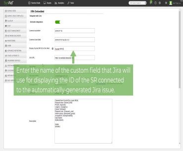 Screenshot showing a Jira integration setup in SysAid, highlighting ITSM with clear instructions for custom field input. - SysAid