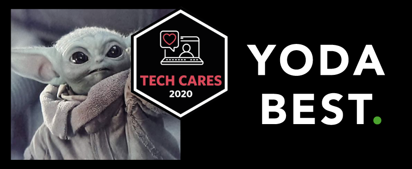 Image of Baby Yoda framed by 'Tech Cares 2020' logo, symbolizing SysAid's innovative approach in ITSM and service excellence. - SysAid