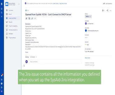 Jira interface showing an issue: "Can't Connect to DHCP Server," with comments, emphasizing SysAid-Jira ITSM integration. - SysAid