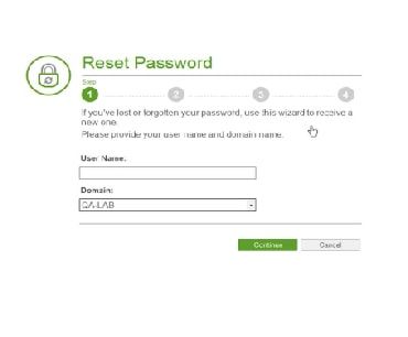 User password reset page with username and domain fields. SysAid ITSM streamlines forgotten password recovery process. - SysAid