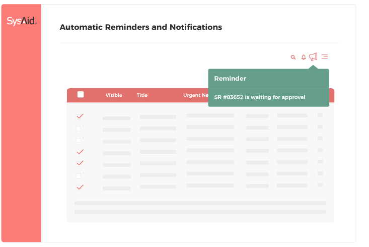 Screenshot of a SysAid ITSM interface displaying reminders and notifications, highlighting a pending service request for approval. - SysAid