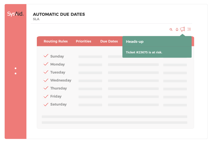 Computer interface displaying auto due dates with a green alert for at-risk ticket #23675, highlighting ITSM efficiency. - SysAid