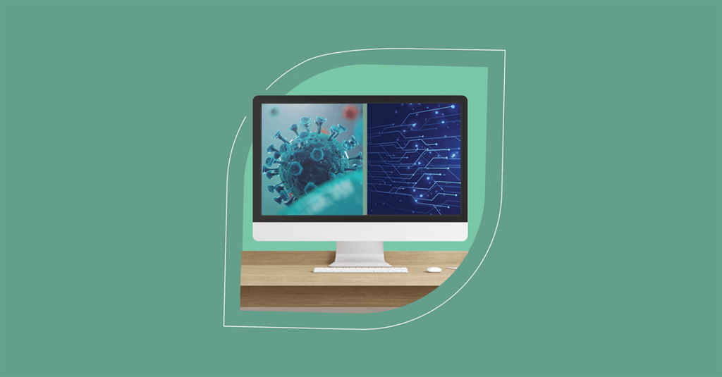 Close-up of a virus and digital circuits on a computer screen, symbolizing ITSM's role in driving digital transformation with SysAid. - SysAid