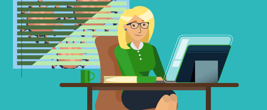 Woman at a desk using a computer, representing efficient ITSM solutions. A window and green mug enhance the workspace setting. - SysAid