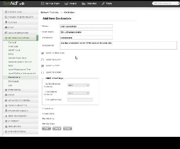 SysAid interface screenshot displaying 'Add New Credentials' in ITSM. Features fields for name, description, and credentials. - SysAid