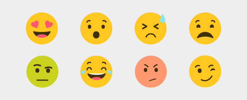 Eight emoticons depict ITSM customer experiences: delight, surprise, frustration, worry, skepticism, laughter, anger, and a wink. - SysAid