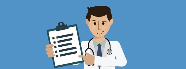 Alt text: "Illustration of a doctor highlighting ITSM efficiency akin to SysAid's streamlined Service Desk solutions against a blue backdrop. - SysAid