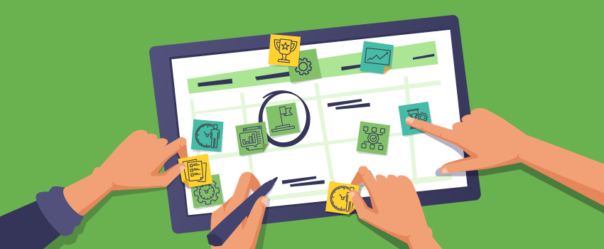 Illustration of hands using ITSM tools on a tablet with colorful sticky notes and icons for strategic continuity planning. - SysAid