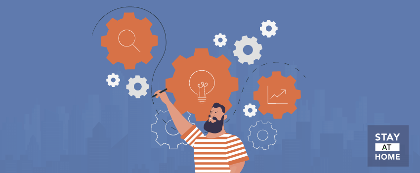 Illustration of interconnected gears symbolizing ITSM processes with icons, highlighting SysAid's efficient Service Desk solution. - SysAid