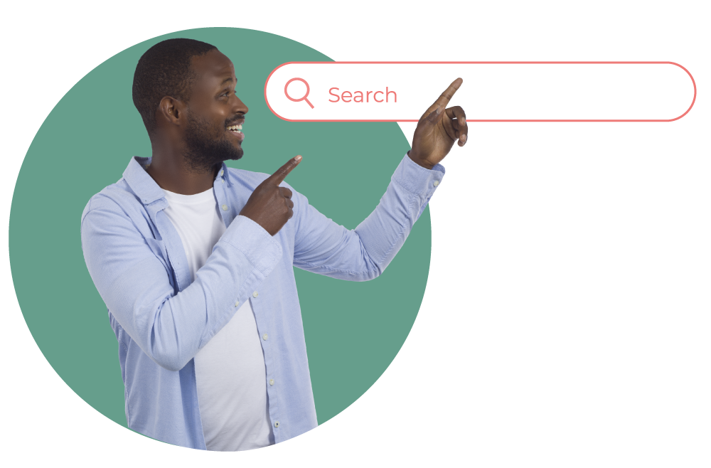 Man in blue shirt indicates ITSM search bar graphic, emphasizing SysAid's efficient Service Desk solutions. - SysAid