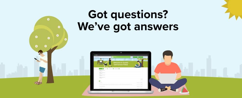 Illustration showing people with laptops and phones, highlighting SysAid's ITSM self-service portal for instant support solutions. - SysAid