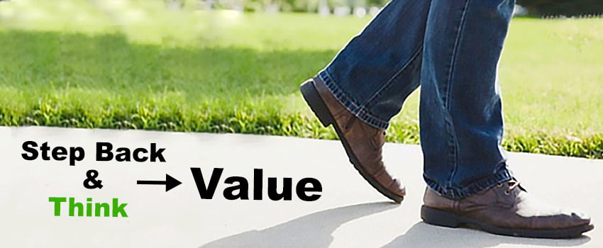 Close-up of a person walking on a sidewalk, illustrating the thoughtful approach in ITSM service desk solutions. Text: "Step Back & Think → Value. - SysAid