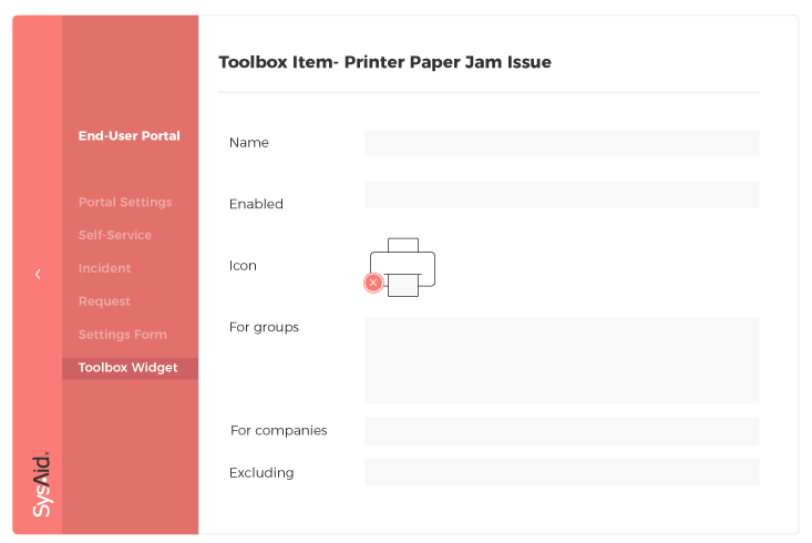 Screenshot of an ITSM interface highlighting a form for "Printer Paper Jam Issue" with selectable fields and printer error icon. - SysAid
