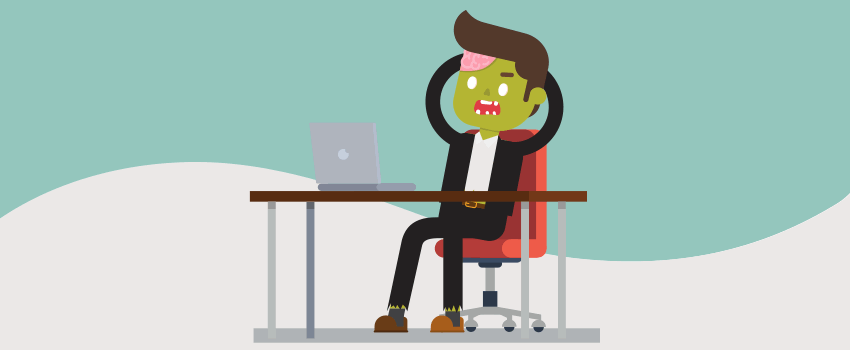 A cartoon zombie in a suit struggles with ITSM challenges at a desk, showcasing the need for efficient SysAid solutions. - SysAid