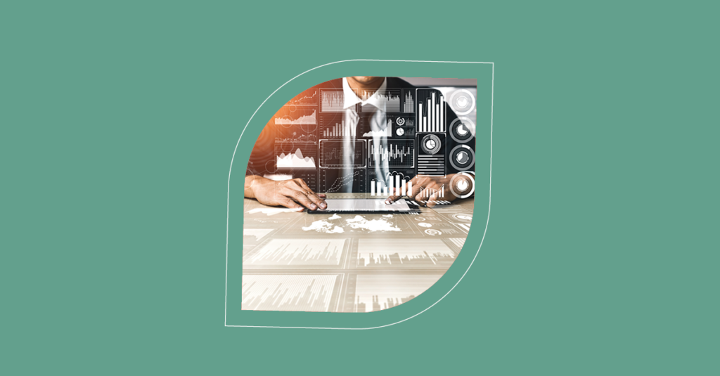Professional using a tablet with IT metrics visuals, highlighting strategic insights in ITSM on a teal background. - SysAid