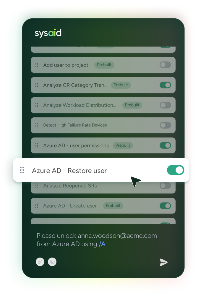 SysAid ITSM interface showing "Azure AD - Restore user" toggle enabled among user management options. - SysAid