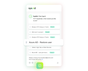 SysAid ITSM app on smartphone screen shows chat agent and Azure AD options for efficient IT service management. - SysAid