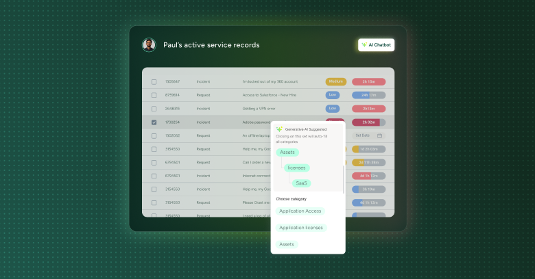 SysAid Service Desk dashboard showing service records by status and AI chatbot for ITSM process automation and categorization. - SysAid