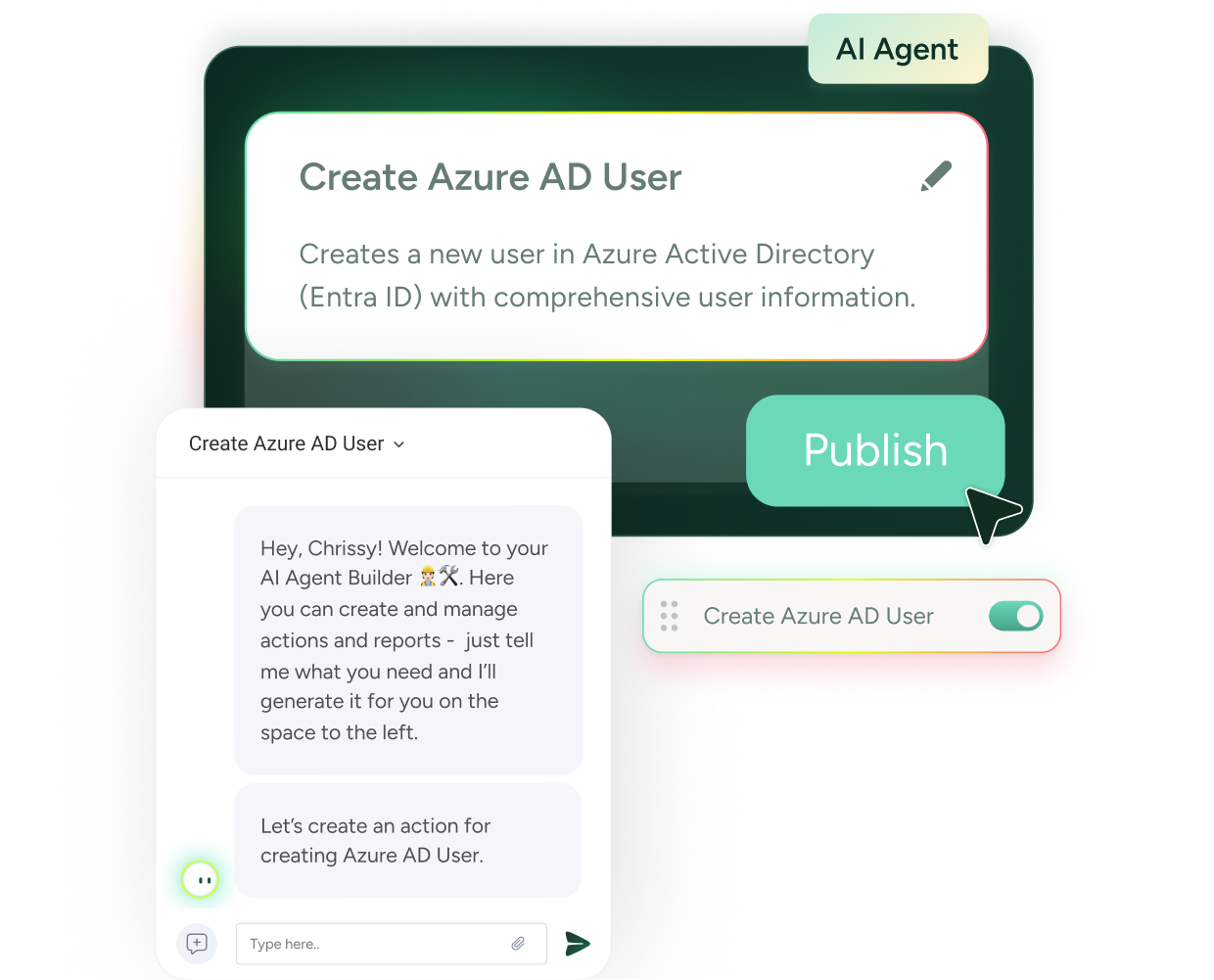 SysAid ITSM interface showing AI agent creating Azure AD user, chat prompt, and highlighted “Publish” button for action. - SysAid