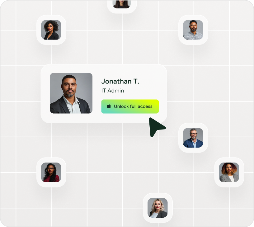 SysAid ITSM interface showing user profiles; "Unlock full access" for IT Admin highlighted to enhance service management. - SysAid