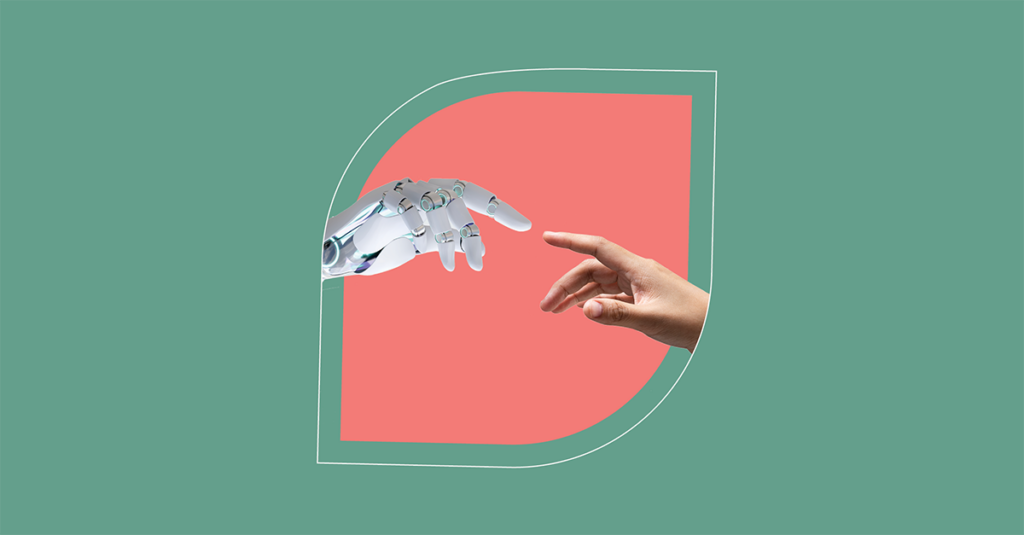 A robotic and human hand reach through a leaf frame, symbolizing the synergy of ITSM and automation in SysAid's solutions. - SysAid