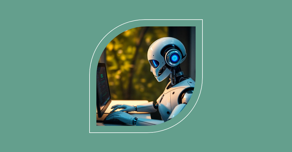 A humanoid robot with AI-enhanced blue eyes works on a laptop, emphasizing SysAid's ITSM capabilities in innovative tech environments. - SysAid
