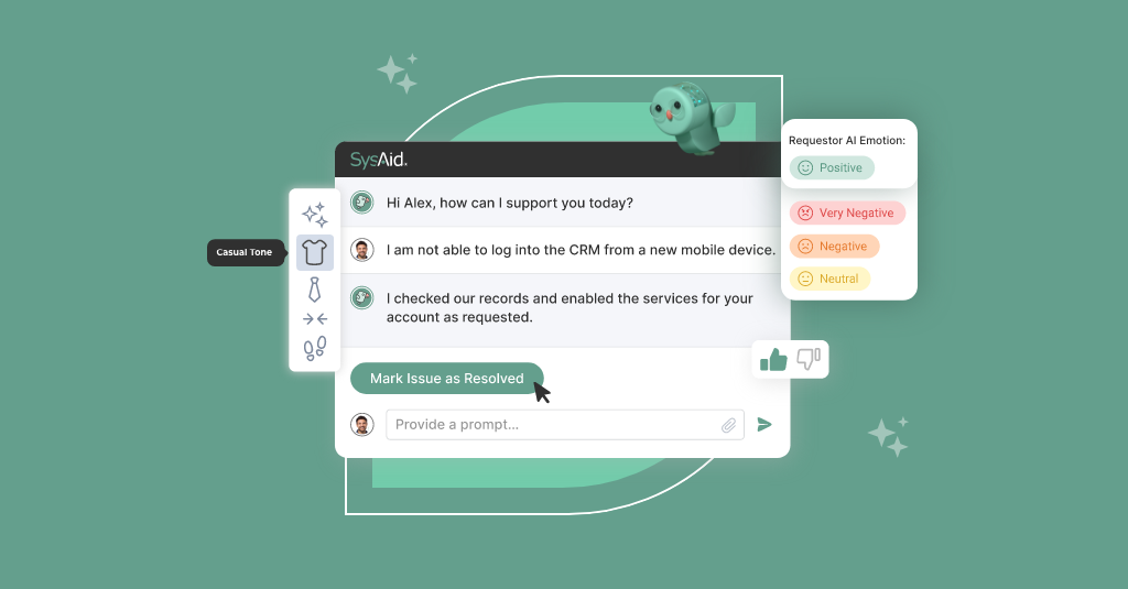 A digital chat support interface enhances user experience with ITSM, featuring tone adjustments, sentiment analysis, and resolution options. - SysAid