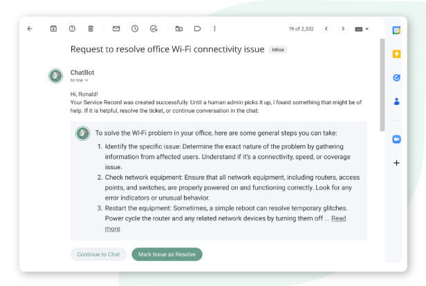 Email screenshot about resolving office Wi-Fi connectivity issues with a chatbot message offering troubleshooting steps like issue identification and network equipment reset. - SysAid