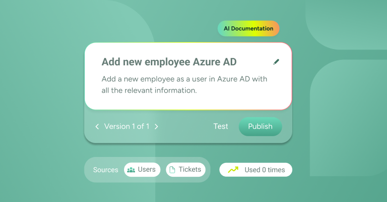 SysAid ITSM New UI displaying an "Add new employee Azure AD" task with test, publish options, and usage details. - SysAid
