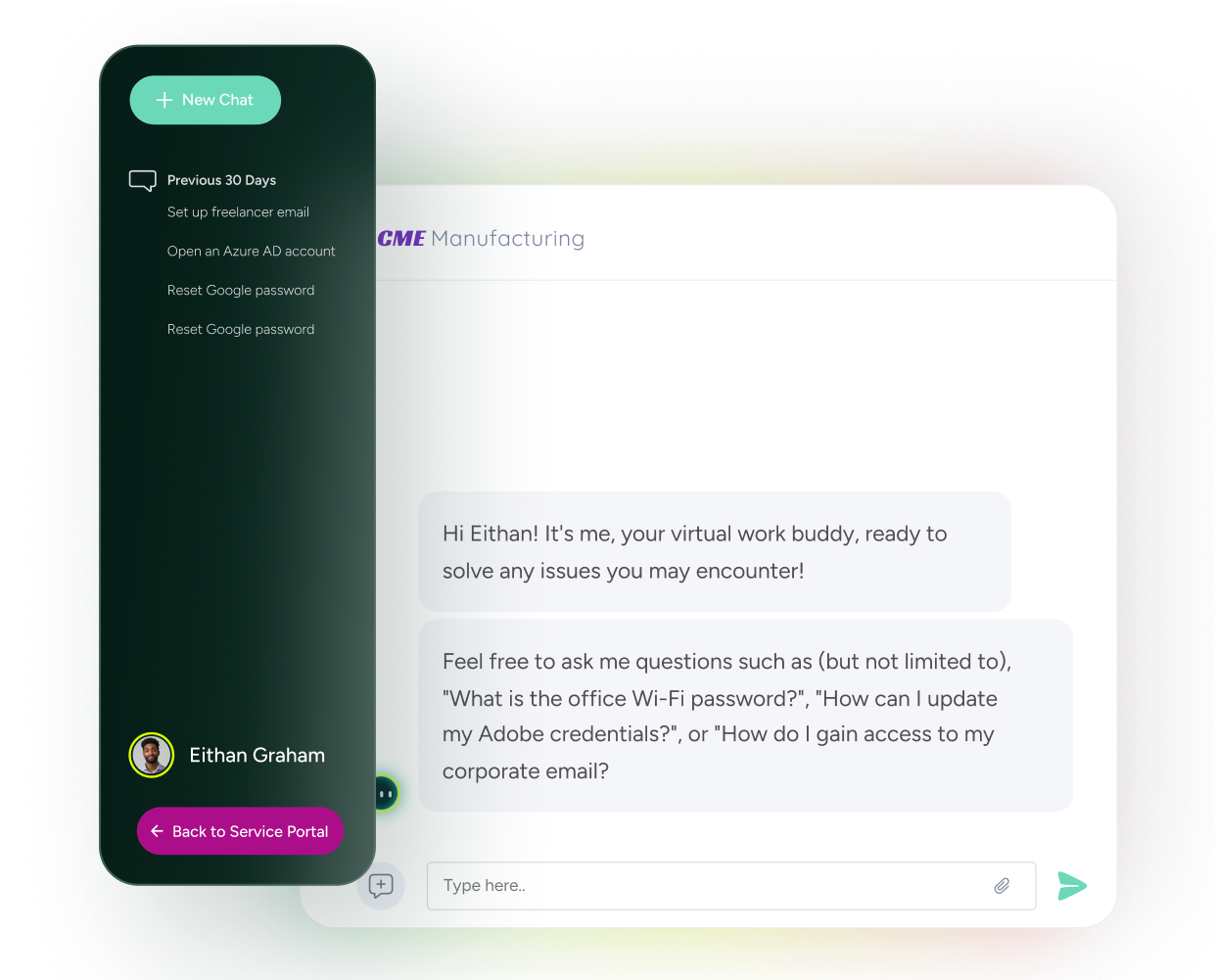 SysAid virtual assistant streamlines ITSM support tasks for user Eithan Graham in a chat interface. - SysAid