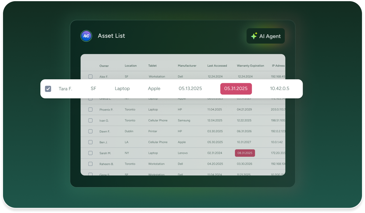 SysAid ITAM dashboard showing Apple laptop details, including warranty expiration and access logs for ITSM tracking. - SysAid