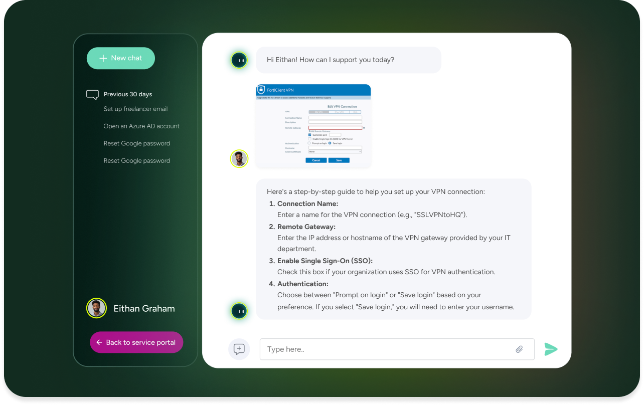 SysAid ITSM chat: Support agent guides user with VPN setup steps and screenshot in real-time help desk interface. - SysAid
