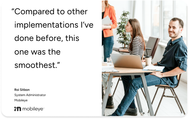 Two professionals discuss ITSM success with SysAid; testimonial highlights smooth implementation for Mobileye. - SysAid