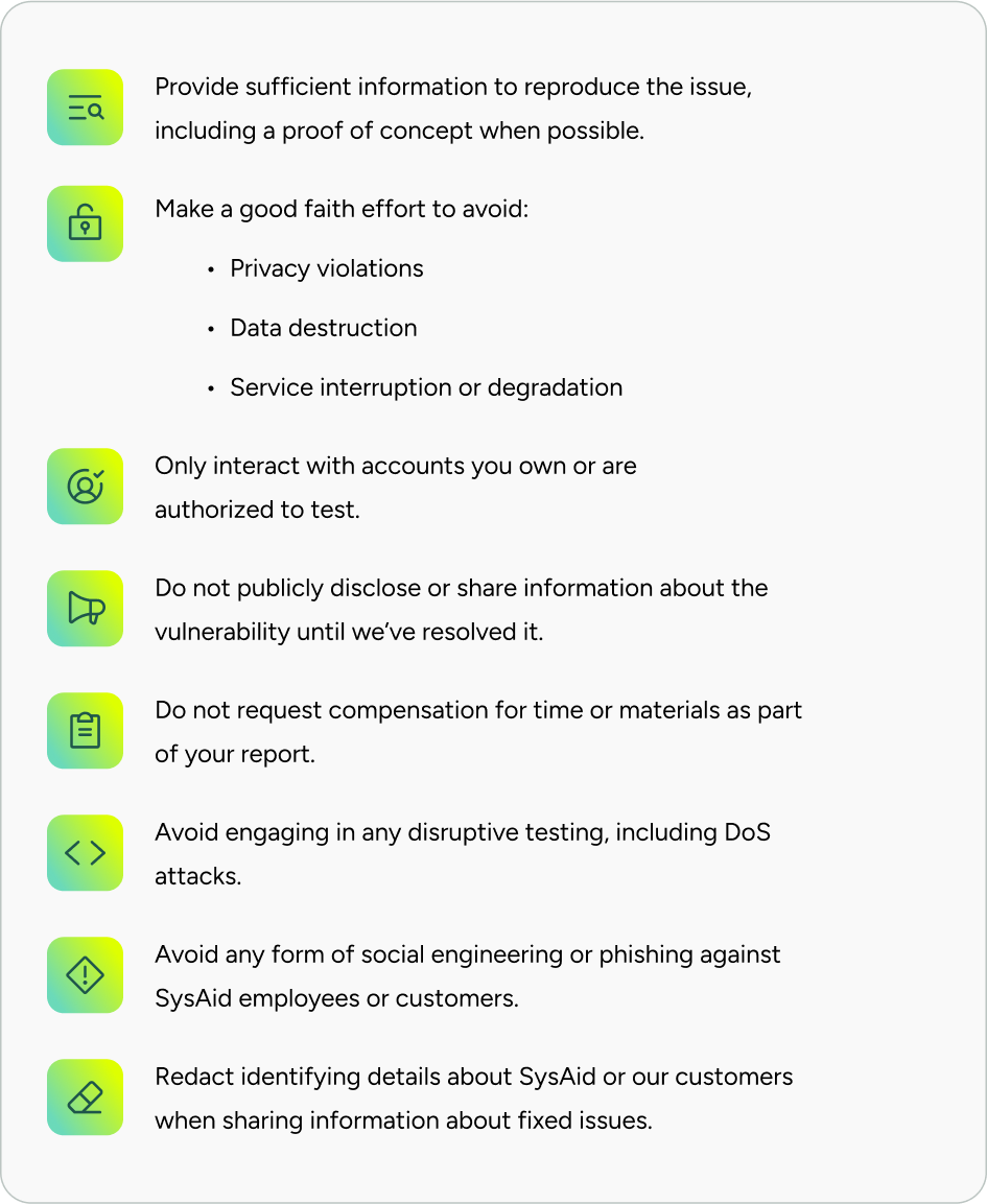 ITSM security guidelines list for reporting vulnerabilities, protecting data, and ensuring safe service desk operations. - SysAid