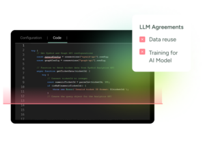Screenshot of a code editor showing LLM Agreements, highlighting ITSM considerations for data reuse and AI model training with SysAid. - SysAid